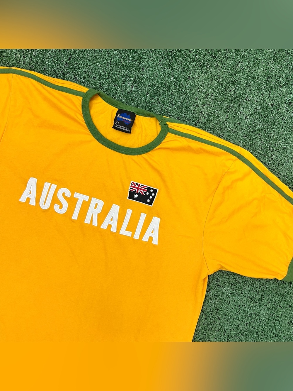 Australia Samsousan Shirt Mens L Yellow Flag Logo Short Sleeve Ringer Tee